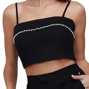 Wildfox Odessa Black Beauty Beaded Linen Blend Crop Top